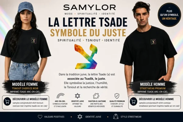 Bannière Samylor sur la signification de la lettre Tsade dans la tradition juive avec t-shirts oversize homme et femme imprimés Tsade arc-en-ciel