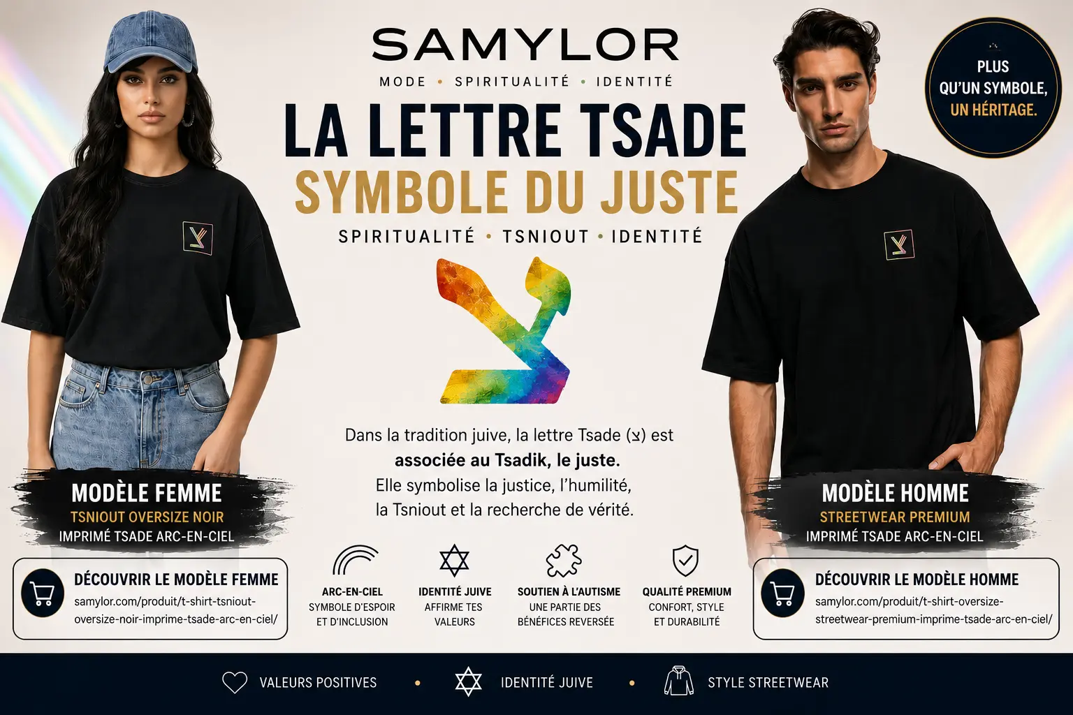 Bannière Samylor sur la signification de la lettre Tsade dans la tradition juive avec t-shirts oversize homme et femme imprimés Tsade arc-en-ciel